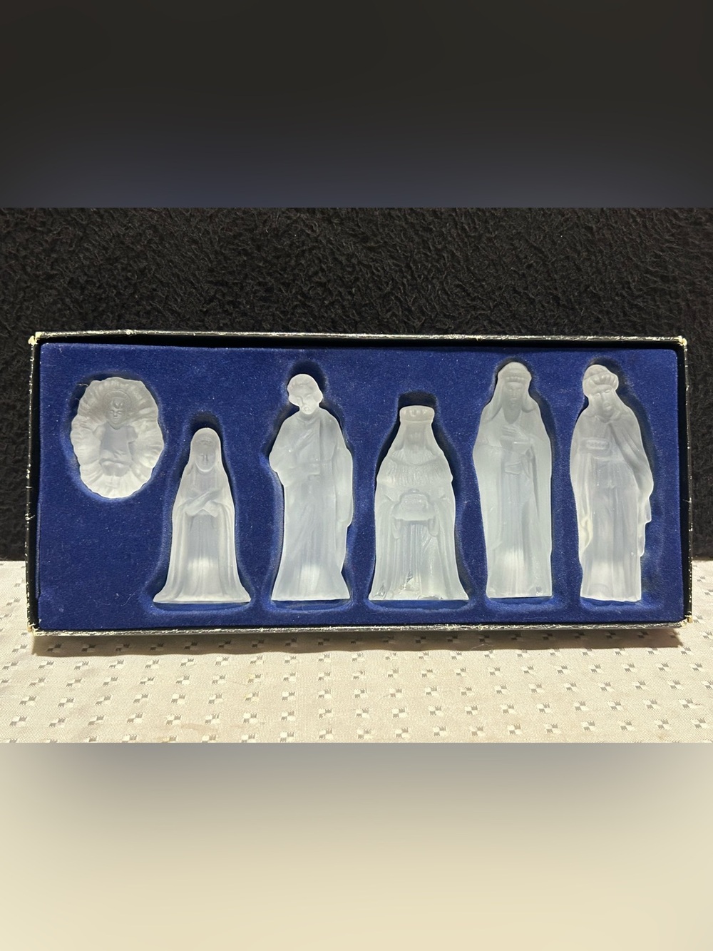 Vintage Neiman Marcus Frosted Glass Nativity Scene Figurines Set 6 Pc Christmas